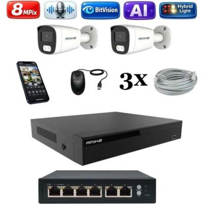 Amiko IP 2 kamerový set so switchom 4K Ultra HD 8Mpix Ai Dl Tube 1801K2V2