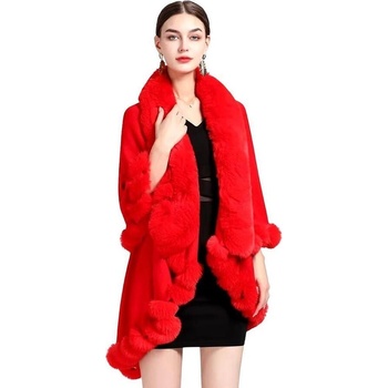 Червена дамска пелерина с пухкава яка