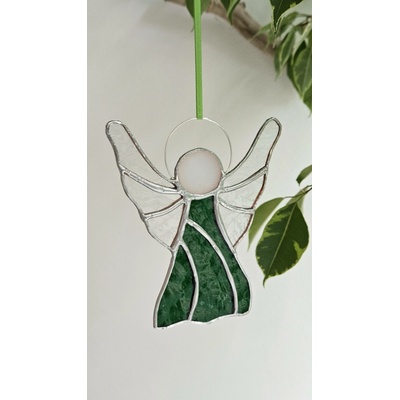 Něžný anděl naděje – závěsná vitráž na okno, ruční výroba, Tiffany technika, symbol světla a ochrany (11×11 cm) Barva: Žlutá