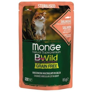 Monge BWILD Grain Free Sterilised със Сьомга, скариди и зеленчуци - пауч с хапки в сос, без зърнени храни - за кастрирани котки в зряла възраст 85 гр