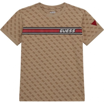 GUESS Тениска в бежово за момче покрита с лога и контрастна червена лента отпред Guess