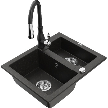 Mexen Carlos гранитна мивка 1, 5 камери с кухненски смесител Savita, черно/златен металик - 6518-75-672601-70 (6518-75-672601-70)