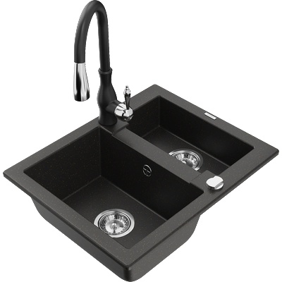 Mexen Carlos гранитна мивка 1, 5 камери с кухненски смесител Savita, черно/златен металик - 6518-75-672601-70 (6518-75-672601-70)