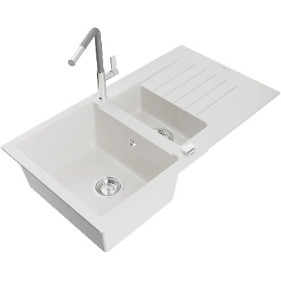 Mexen Matias гранитна мивка 1, 5-камерна с отцедник и кухненски смесител Flora, бял - 6502-20-670401-06 (6502-20-670401-06)