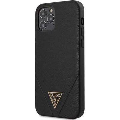 GUESS Saffiano Leather Hard Case - дизайнерски кожен кейс за iPhone 12, iPhone 12 Pro (черен)