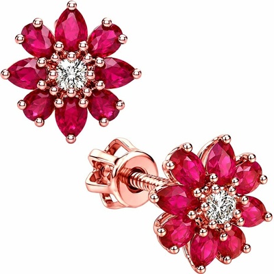 Zlaton Náušnice růžové zlato květ 0.90cm 1.80g s rubíny 1.53ct a diamanty 0.10ct N04082603595