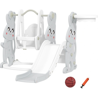 AIYAPLAY hrací set 4 v 1 pro batolata, skluzavka, houpačka, prolézačka, basketbalový koš, plast, design králíčka, šedá barva