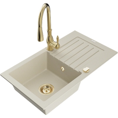 Mexen Pablo Eдинична кухненска мивка от гранит с отцедник и кухненски смесител Savita, бежов - 6510-69-672601-50 (6510-69-672601-50)