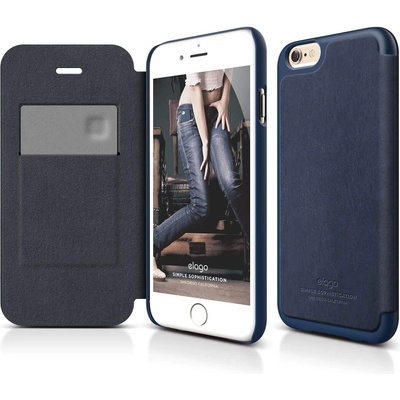 elago S6 Leather Flip Case Limited Edition - луксозен кожен кейс от естествена кожа + HD покритие за iPhone 6, iPhone 6S (тъмносин)