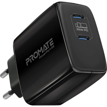 Promate Зарядно 220V ProMate, POWERPORT-65, 65W Super Speed GaNFast Charging Adapter with Dual USB Ports Smaller and Lighter Dual USB-C Device Charging, Черен