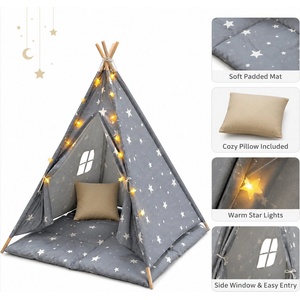 Ginger Home Детска Памучна Палатка GINGER HOME Little Stars, Типи, Сива със Звезди, 100% Памук, с Мека Подложка с Пълнеж, Възглавница и LED Лампички, 120x120x160 см (JW-KT001-G)