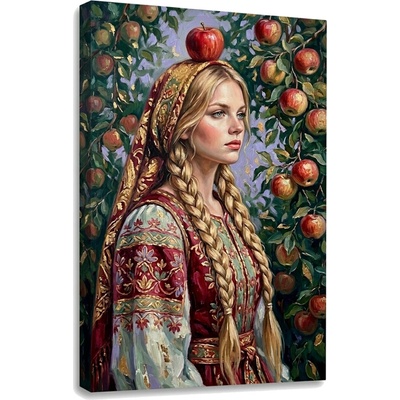 Obraz ženy v kroji s jablkom na plátne – s ručne maľovanými detailmi - 60x90 cm