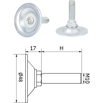 ø-48mm, M10, H40, nivelačná nožička s oceľovou základňou