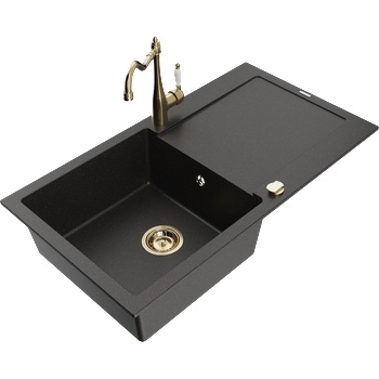 Mexen Leo мивка от гранит с 1 отделение с отцедник и кухненски смесител Carla, черен/златен металик - 6501-75-670700-50 (6501-75-670700-50)