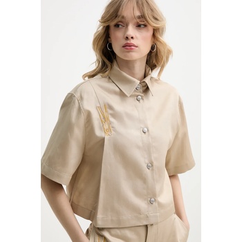 Moschino Jeans Риза с лен Moschino Jeans дамска в бежово със стандартна кройка с класическа яка 0207 3716 (0207.3716)