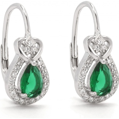 Rafity stříbrné náušnice se smaragdem a zirkony E0048KL-09 čiré