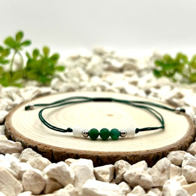 Certom Provázkový náramek bílý a zelený achát matný se stříbrem 0300