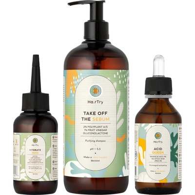 HairTry Sada produktov Let It Calm čistiaci šampón 500 ml + trichologický peeling 100 ml + vlasové tonikum 100 ml
