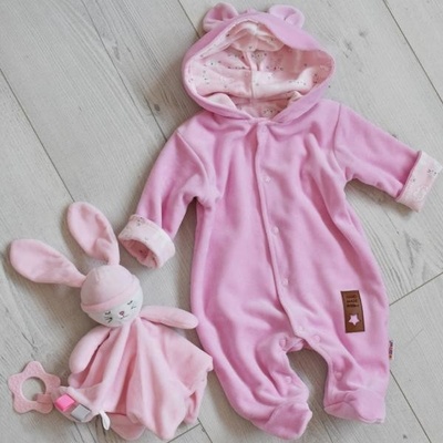 Baby Nellys Dvouvrstvý velurový overal s kapucí New Bunny růžový