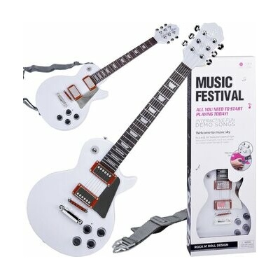 JOKO Detská Elektrická Gitara s kovovými strunami 69cm a popruh a melódie biela