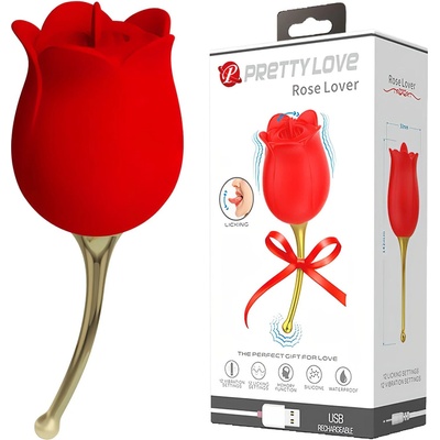 Pretty Love Rose Lover - Двоен вибратор с езиче за клитор (червен)