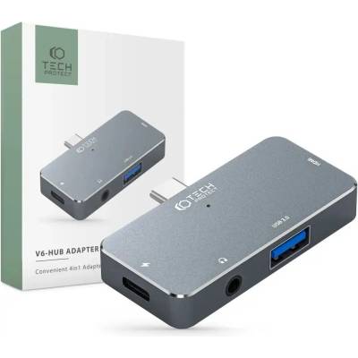 Tech-Protect 4в1 хъб Tech-Protect V6, USB-C към USB-A 3.0 / USB-C PD100W / HDMI / mini jack 3.5mm, сив