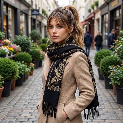 Classic Scarf černá kašmírová šála se zlatým zdobením