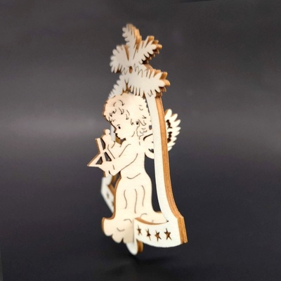AMADEA Dřevěná ozdoba 3D zvonek anděl s trianglem 9 cm