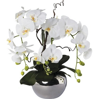 Umelá kvetina phalaenopsis aranžmán 55 cm biela v striebornom kvetináči Real Touch