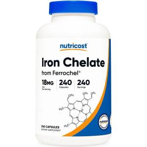 Nutricost Анемия - Желязо (бисглицинат хелат) Ferrochel® 18 mg, 240 капсули (74667 (496101) NC)