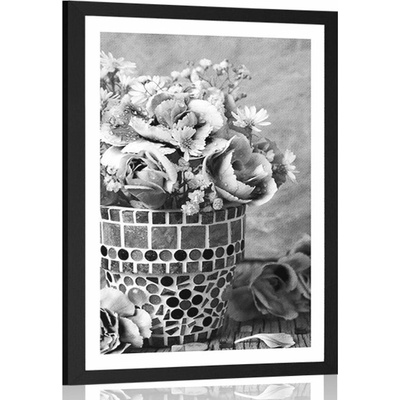 Plakát s paspartou květiny karafiátu v mozaikovém květináči v černobílém provedení - 20x30 black