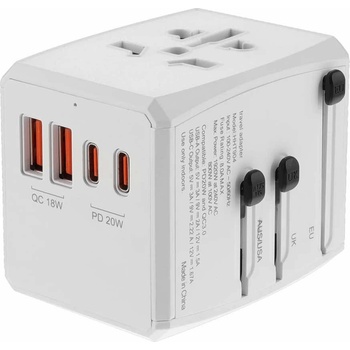 Techsuit Travel Adapter (HHT904) 20W - захранване с 2xUSB-C и 3xUSB-A изходи и преходници за цял свят в едно устройство за мобилни устройства (бял)