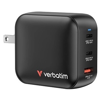 Verbatim 32230, Mini GaN зарядно устройство за мрежа 2 x USB-CR PD 100W a 1 x USB-A QC 3.0, сив, 100 W, сменяеми вилки C, G, A (32230)