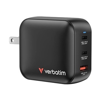 Verbatim 32230, Mini GaN зарядно устройство за мрежа 2 x USB-CR PD 100W a 1 x USB-A QC 3.0, сив, 100 W, сменяеми вилки C, G, A (32230)