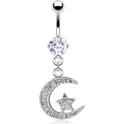 Šperky Eshop ocelový piercing do bříška cíp měsíce a hvězda čiré zirkony W11.19