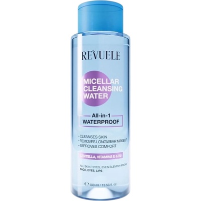 Revuele Micellar Cleansing Water All-in-1 Waterproof, мицеларна вода с центела, витамин E и B5, 400 мл
