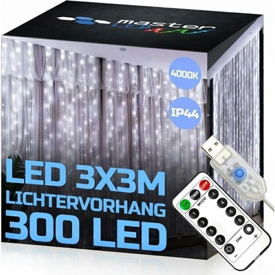 Vipelectro Světelný závěs 3x3m 300 LED s ovladačem na USB Studená bílá