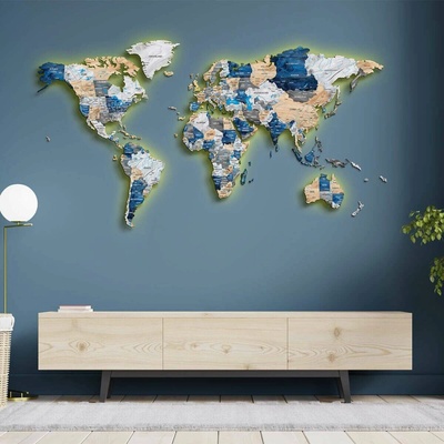 Plnofarebná LED podsvietená drevená mapa sveta Angličtina L - 120 cm Ocean