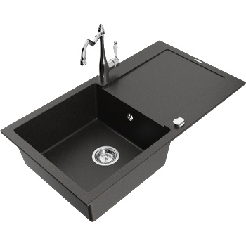 Mexen Leo гранитна мивка с 1 корито с отцедник и кухненски смесител Carla, черно/златно металик - 6501-75-670700-00 (6501-75-670700-00)