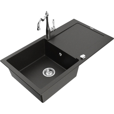 Mexen Leo гранитна мивка с 1 корито с отцедник и кухненски смесител Carla, черно/златно металик - 6501-75-670700-00 (6501-75-670700-00)