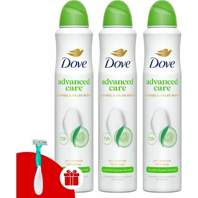 Dove Go Fresh deospray uhorka a zelený čaj 3 x 200 ml + Dove holiaci strojček