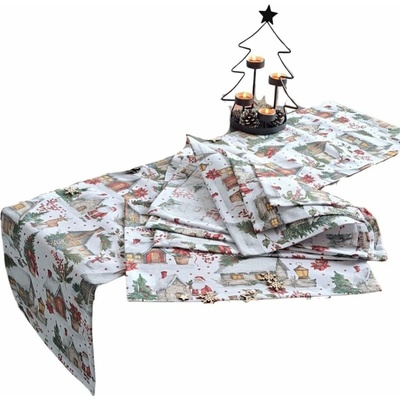 LKV Lomnice Vánoční set: Běhoun + 4 ks prostírání - domečky - 50 x 140cm