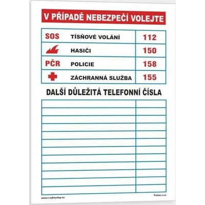 Traiva s.r.o Důležitá telefonní čísla Verze: Samolepka 210 x 297 mm (A4) tl. 0.1 mm - Kód: 00403
