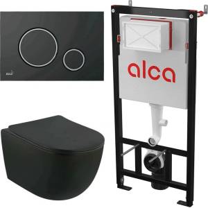 Fluminia Комплект тоалетно казанче с вградена рамка Alcadrain AM101/1120 и черен капак M778, плюс тоалетна чиния Fluminia Minerva с капак с плавно затваряне (2210RBM+AM101/1120+M778)