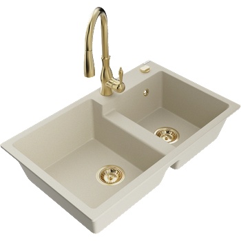 Mexen Tomas гранитна кухненска мивка с 2 отделения и кухненски смесител Savita, бежов - 6516-69-672601-50 (6516-69-672601-50)