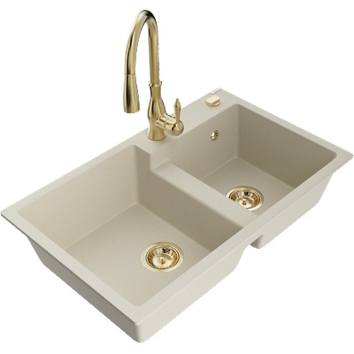 Mexen Tomas гранитна кухненска мивка с 2 отделения и кухненски смесител Savita, бежов - 6516-69-672601-50 (6516-69-672601-50)