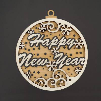 AMADEA Dřevěná ozdoba kulatá Happy New Year dvojitá 9 cm český výrobek