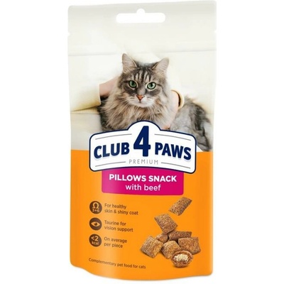 CLUB 4 PAWS Premium chrumkavé vankúšiky s hovädzím mäsom pre dospelé mačky, 60 g