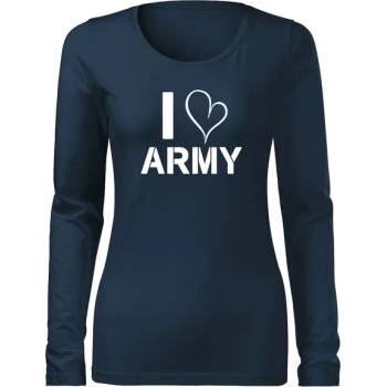 DRAGOWA Slim дамска тениска с дълъг ръкав, I Love Army, тъмносиня 160g/m2 (6001)