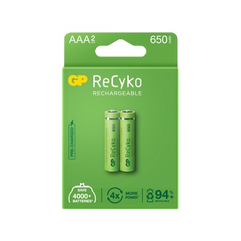 GP Batteries Акумулаторни батерии GP ReCyko AAA 650mAh (R03), рециклируеми опаковки 2бр (GPRHCH63E000)